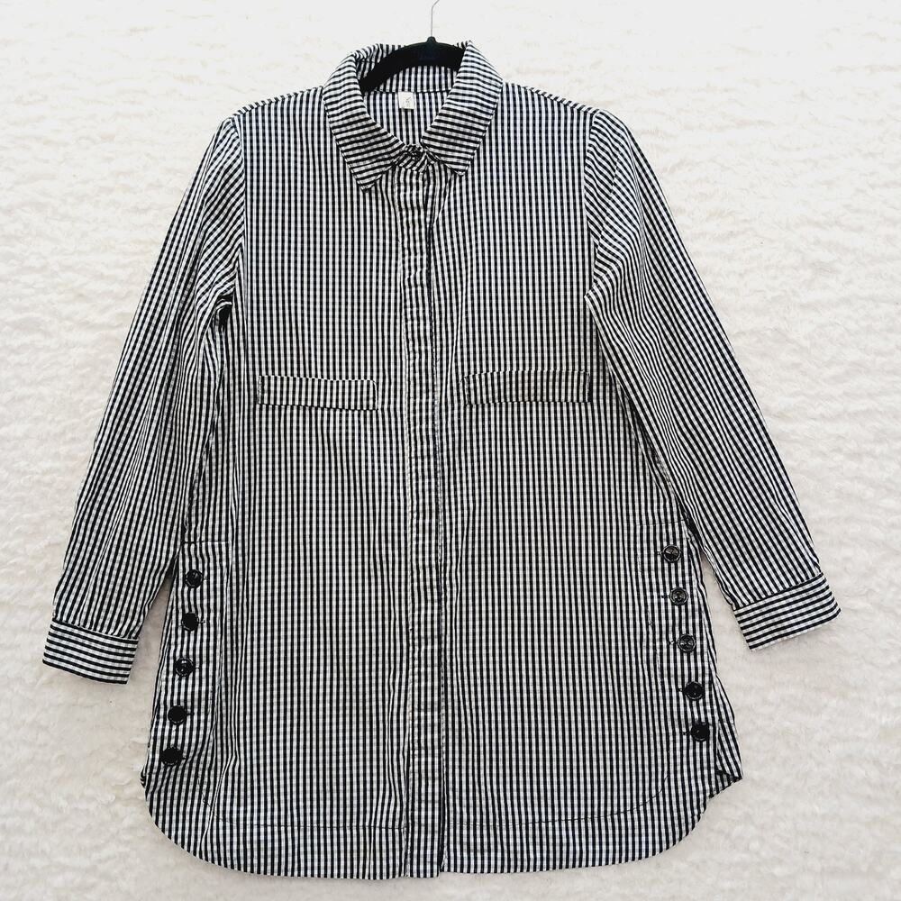 Tunic Blouse Top Long Sleeve Black Gingham Lagenlook Pocket Goth Prepppy Size M